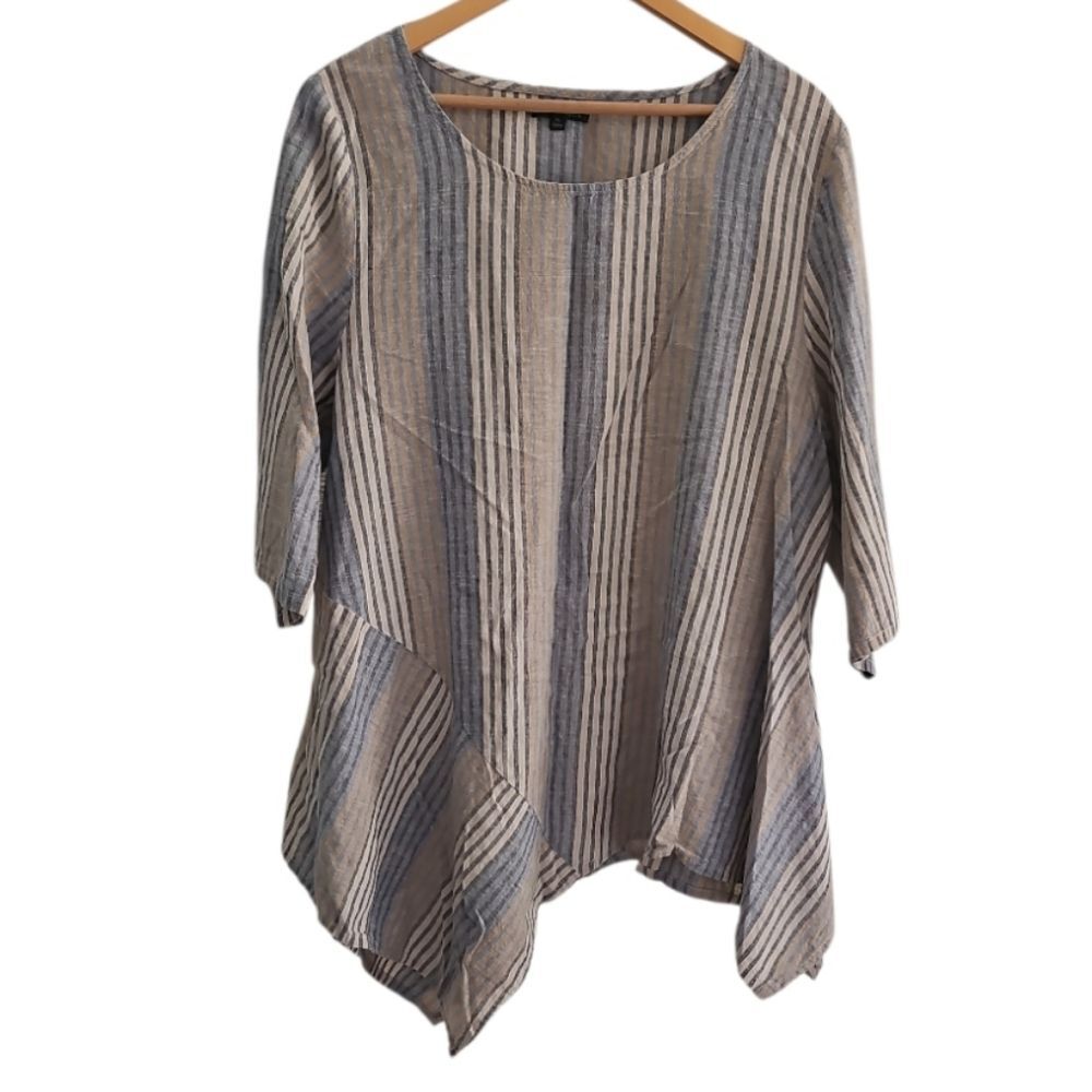 For Cynthia Linen Cotton Lagenlook Tunic XL Asymmetrical Hem Coastal Artsy Top